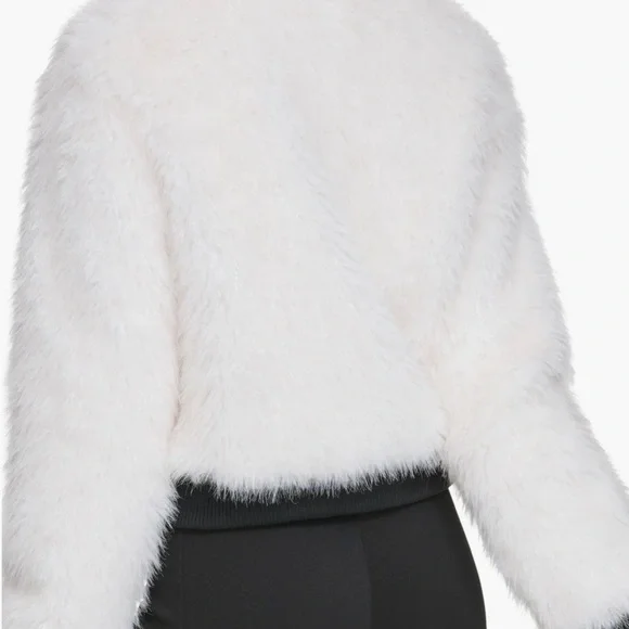 White Faux Fur Bomber Jacket with Studded Zip Front - Picture 5 of 10